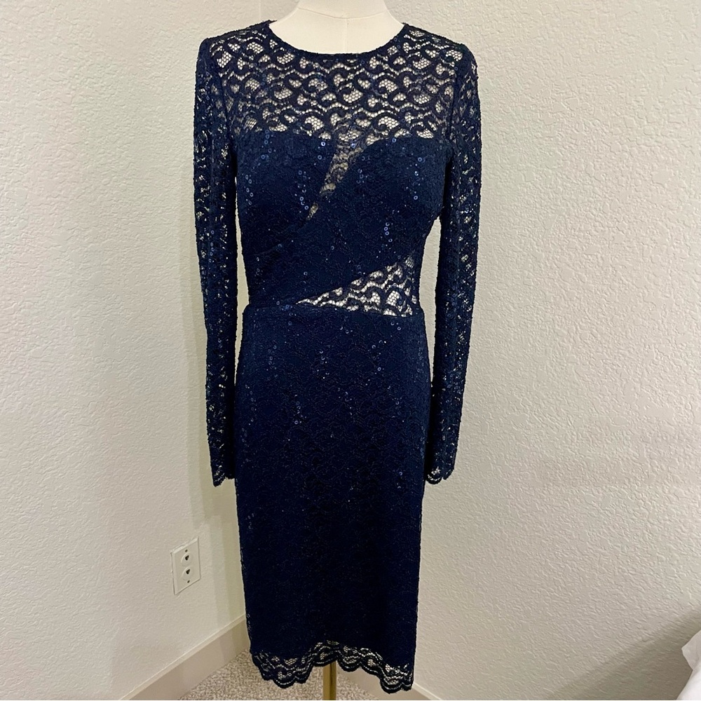 Betsy & Adam Navy Long Sleeve Lace Dress